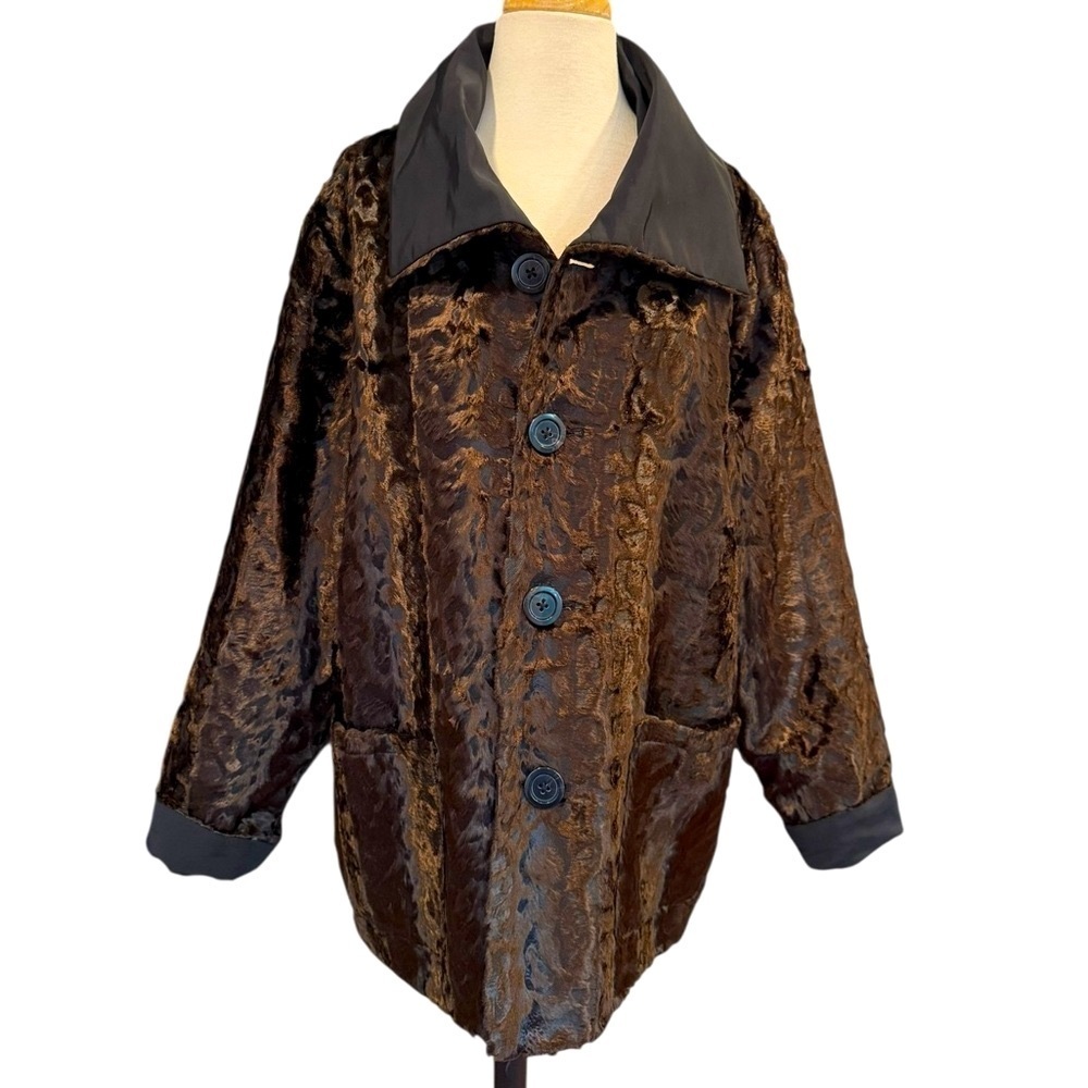 Chicos Reversible Brown Faux Fur Coat Jacket Brown Black Winter Large Chico’s 3